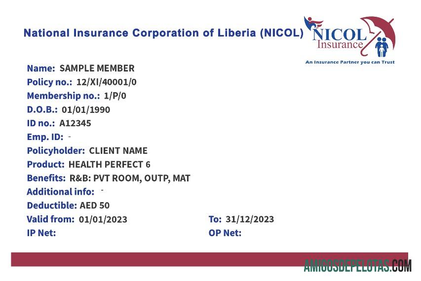 Cartão de seguro saúde da Libéria exemplo real